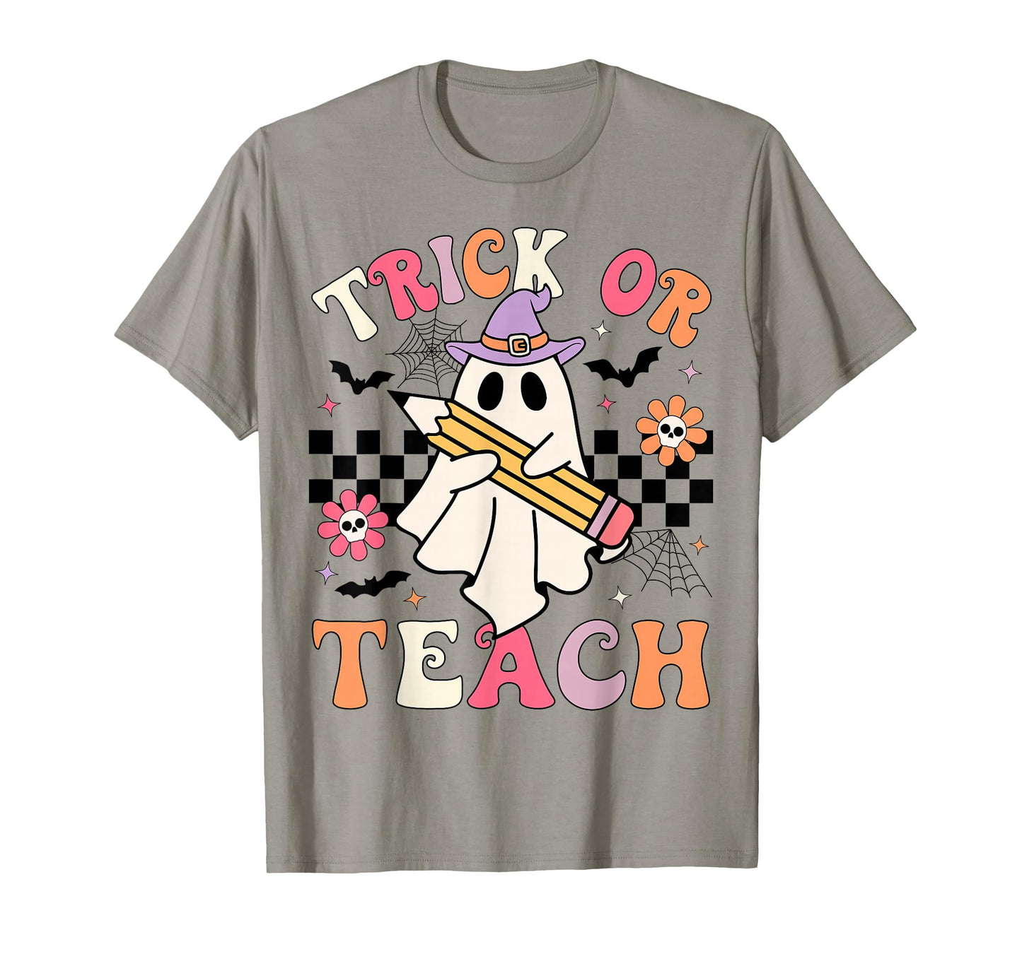 Trick Or Teach Groovy Teacher Halloween Retro Floral Ghost T-Shirt