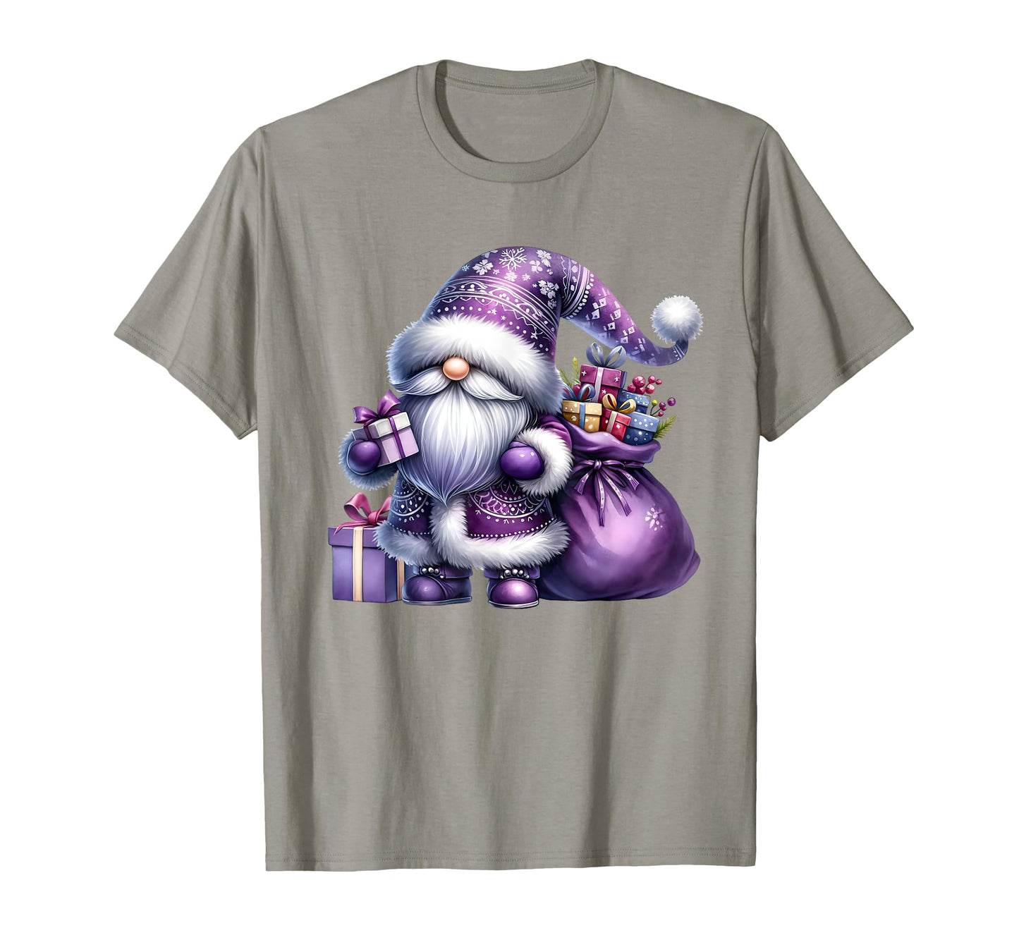 Purple Christmas Gnome With Santa Bag For Women Men Xmas T-Shirt