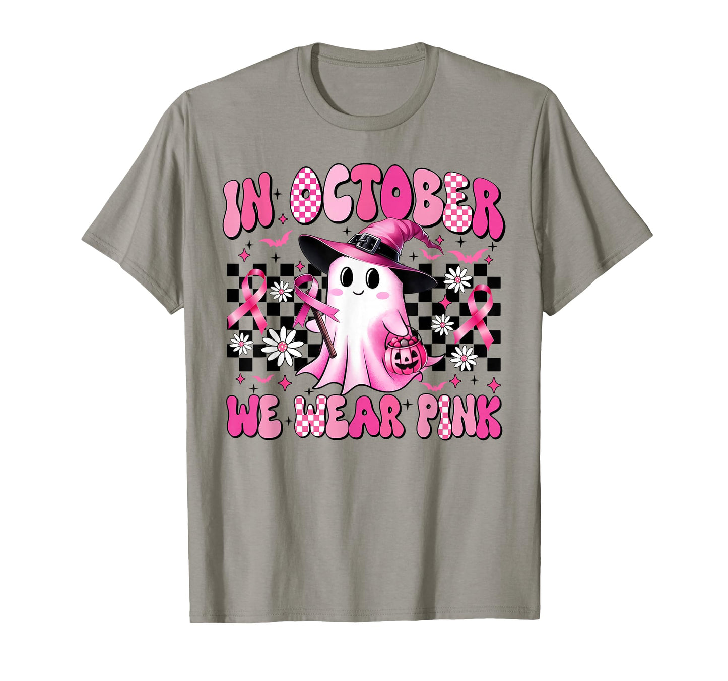 in October We Wear Pink Breast Cancer Awareness Halloween T-Shirt