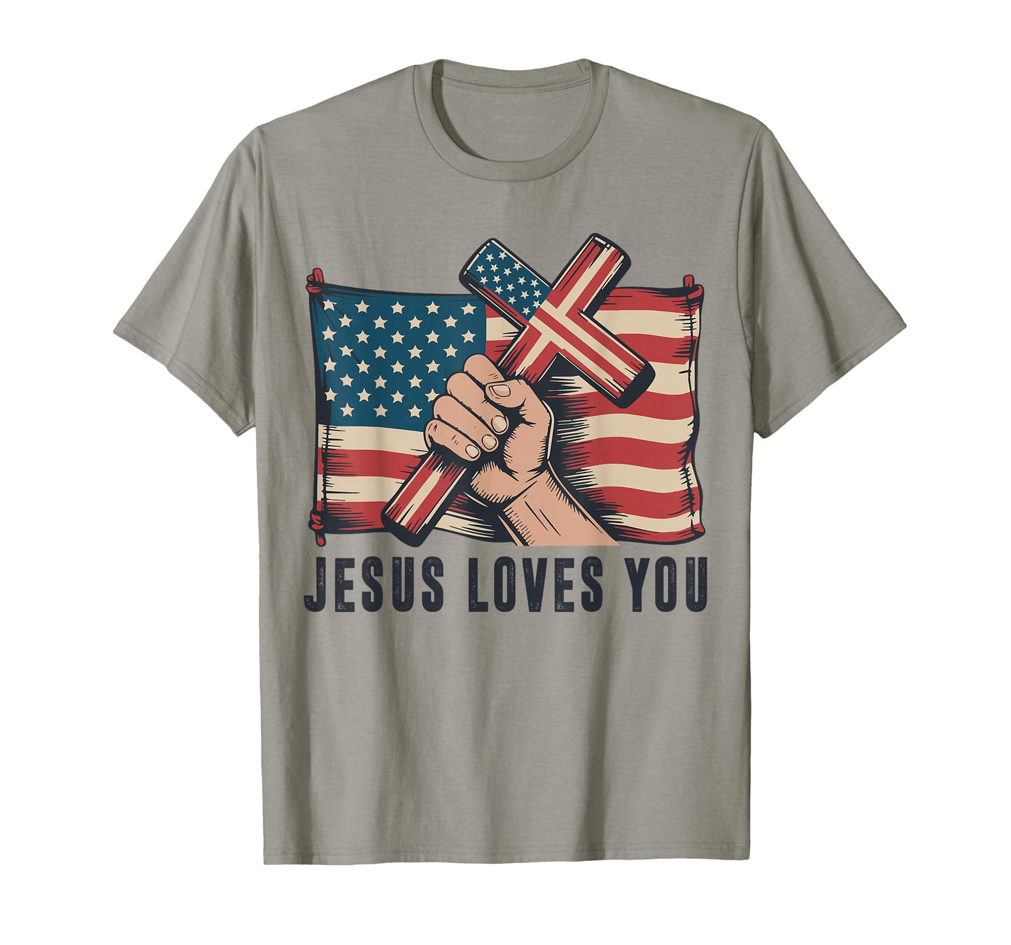 Mens Jesus Loves You American Flag Christian Patriotic Cross T-Shirt