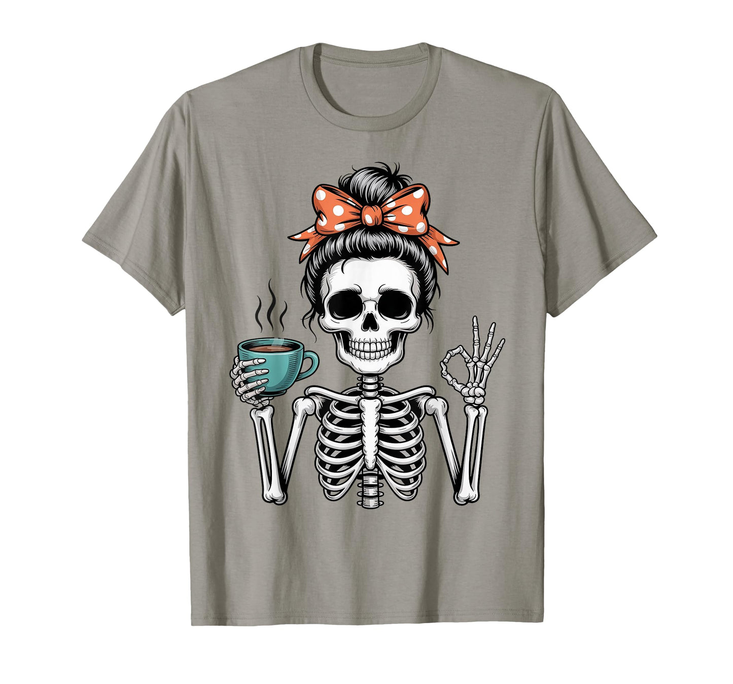 Messy Bun Skeleton Drinking Coffee Halloween Mom Women Girls T-Shirt