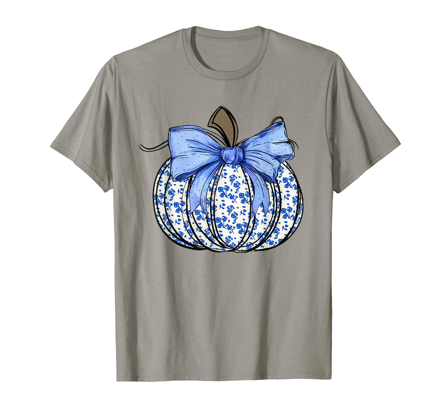 Retro Coquette Bow Blue Floral Pumpkin Halloween Autumn Fall T-Shirt