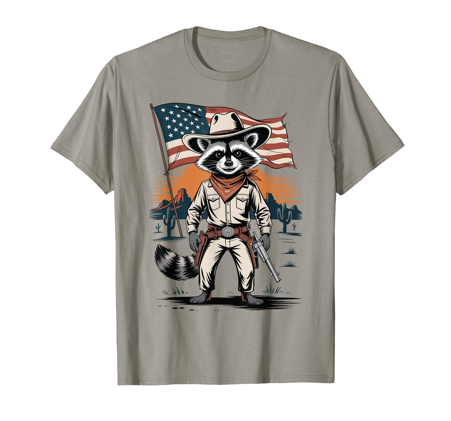 Vintage Racoon Cowboy Patriotic USA Flag Western Country T-Shirt