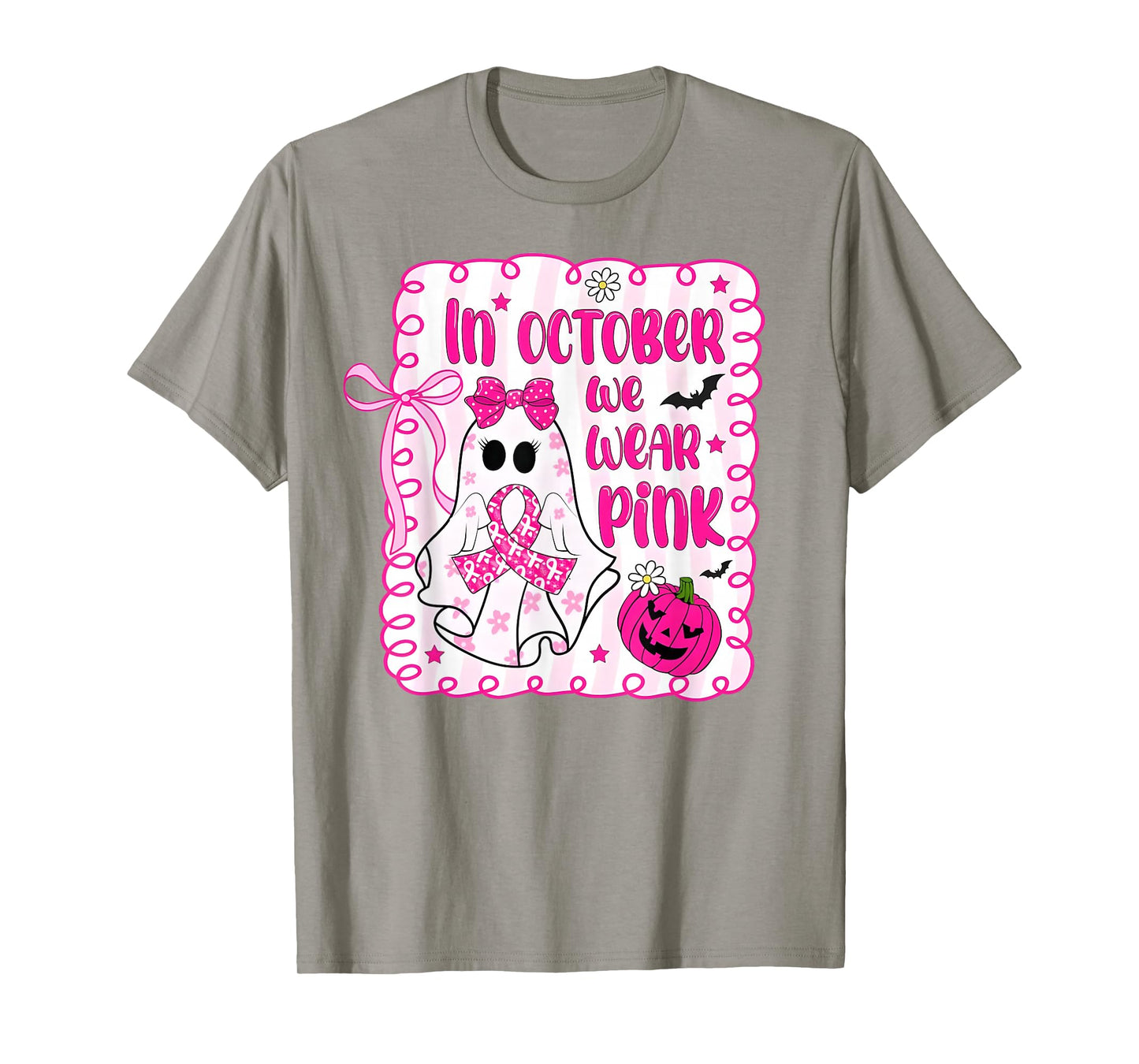 In October We Wear Pink Ghost Bow Breast Cancer Awareness T-Shirt