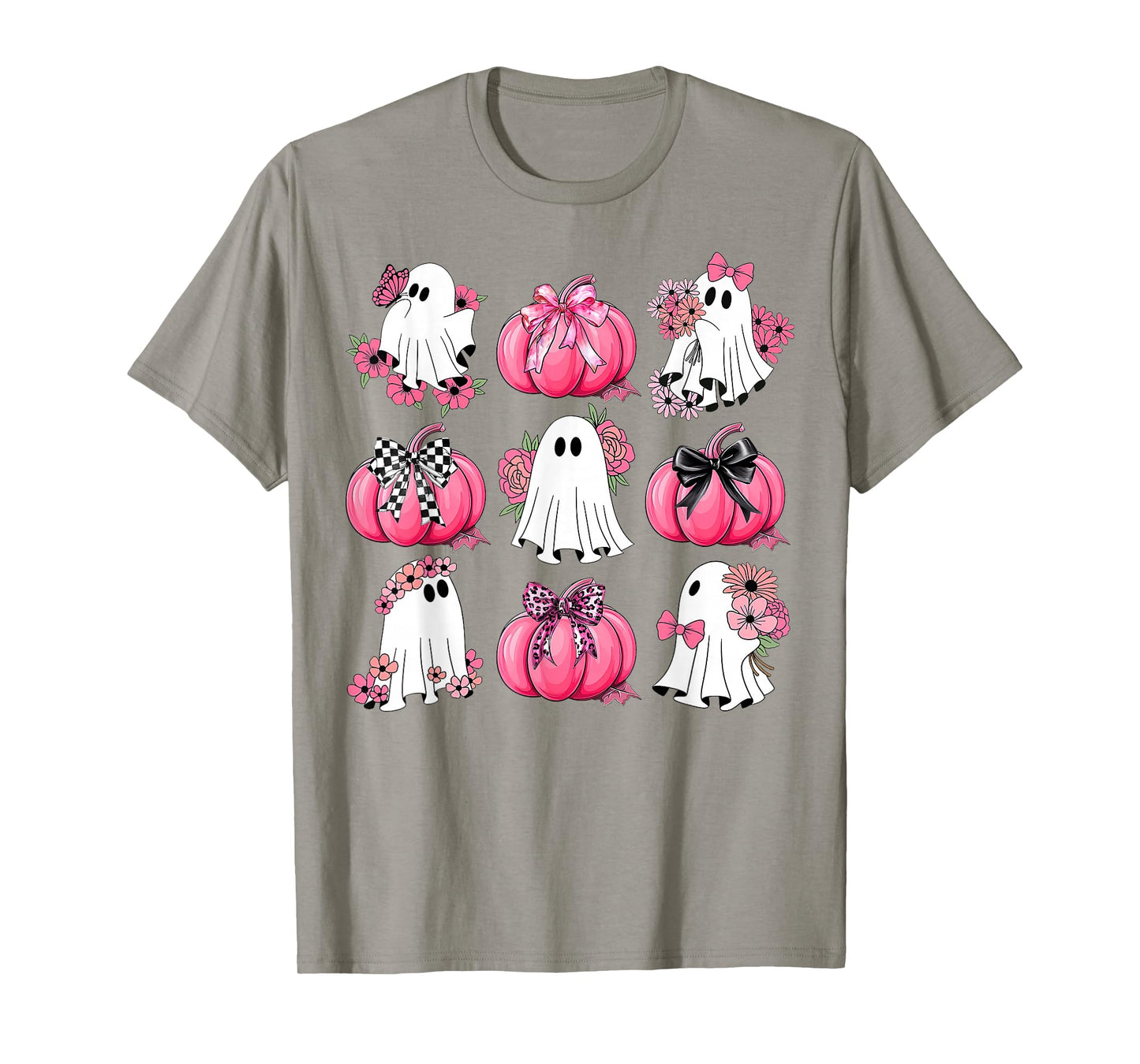 Cute Ghost Florals Pink Coquette Bows Pumpkins Halloween T-Shirt