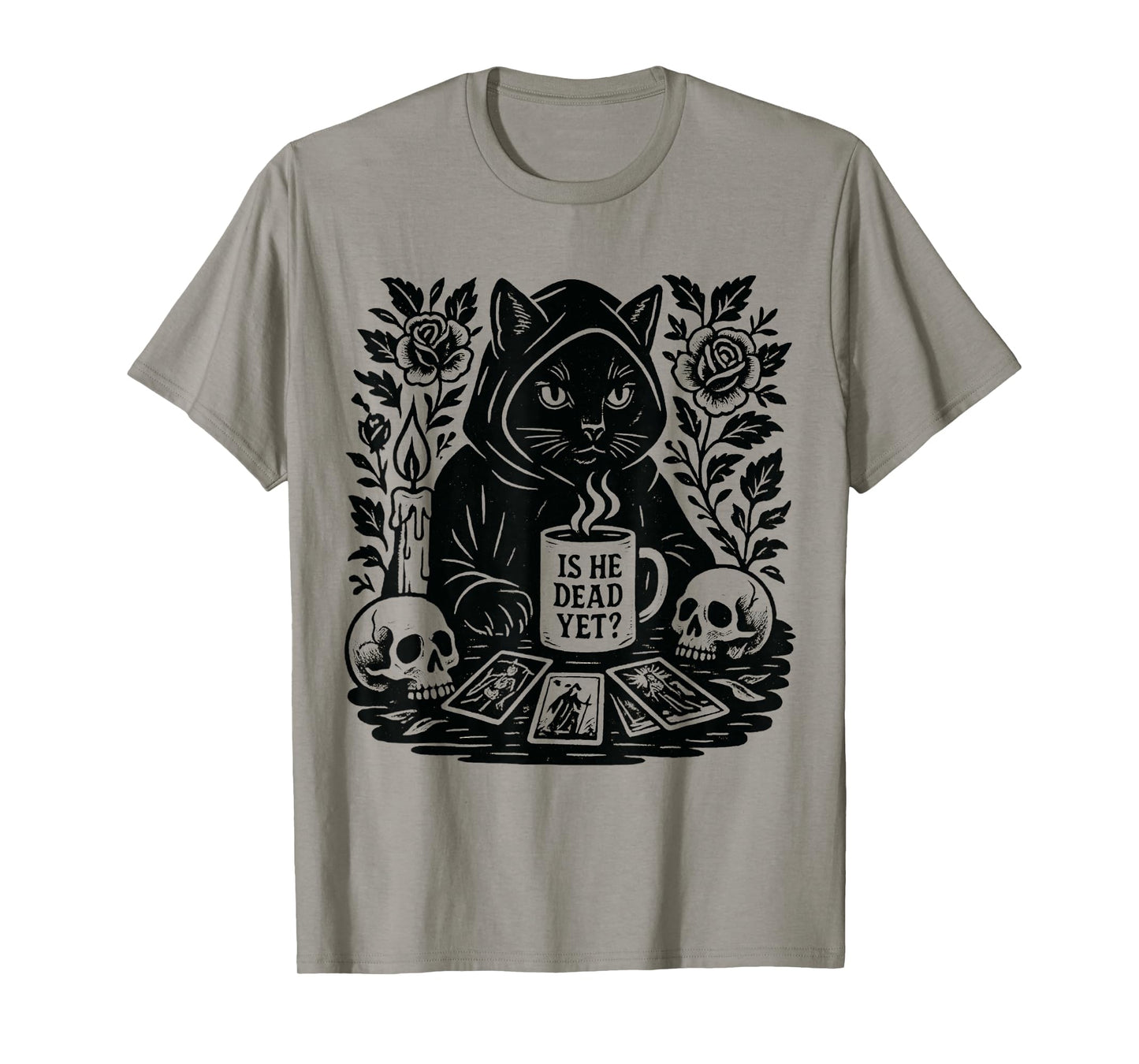 Is He Vintage Dead Yet Dark Humor Gothic Coffee Ritual Cat T-Shirt