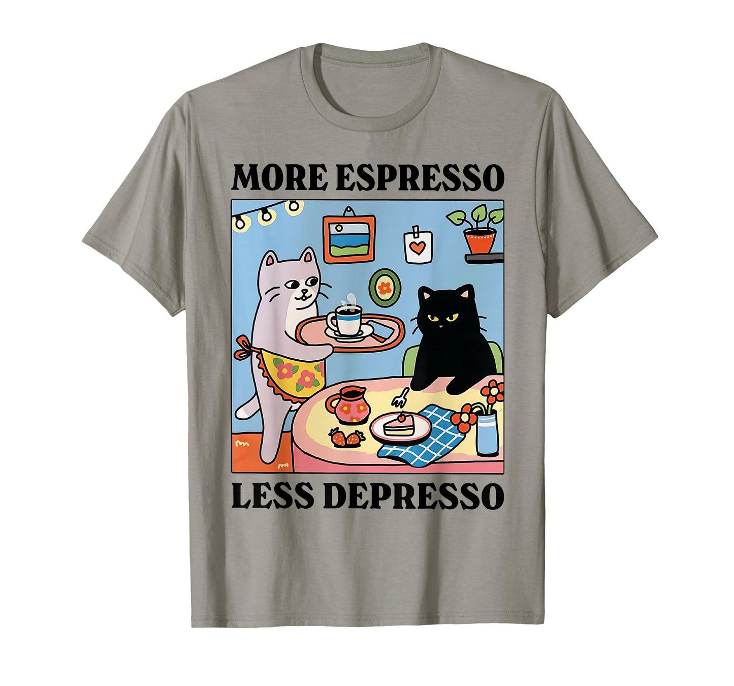 Funny Coffee Lover with Cute Cat More Espresso Less Depresso T-Shirt