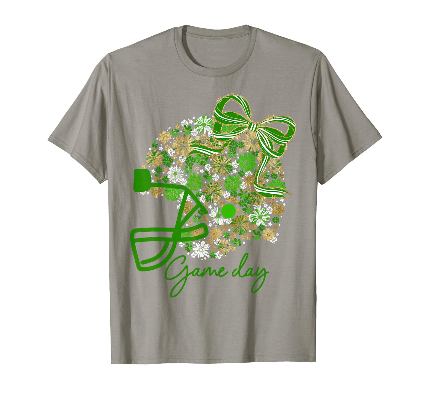 Floral Football Game Day Girly Team Spirit Green Gold White T-Shirt