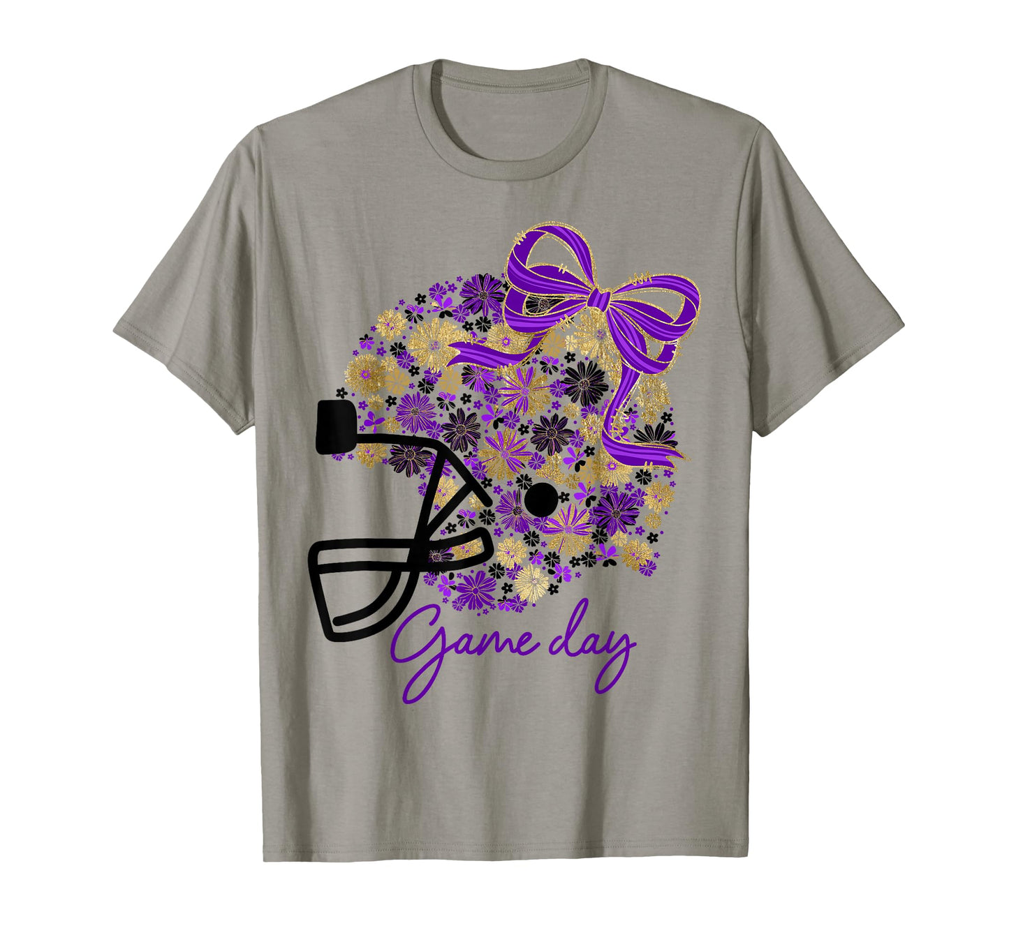 Floral Football Game Day Girly Team Spirit Purple Black Gold T-Shirt