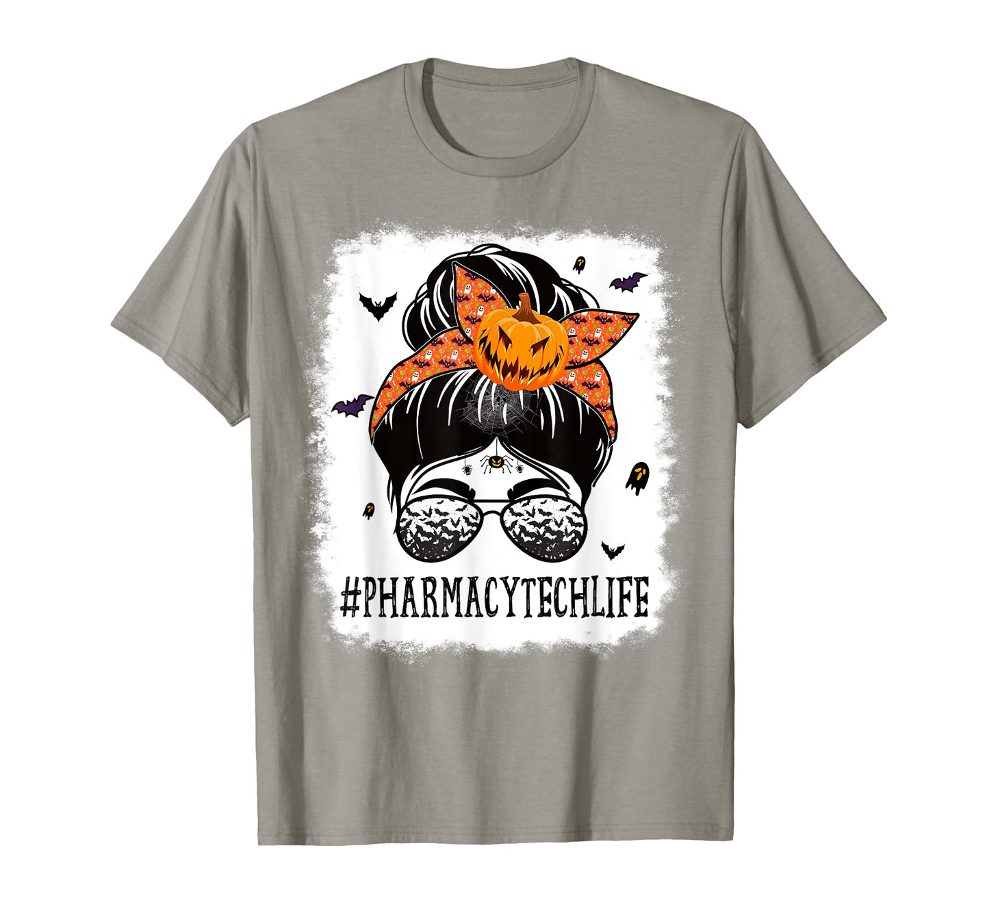 Pharmacy Tech Messy Bun Spooky Pumpkin Halloween Costume T-Shirt
