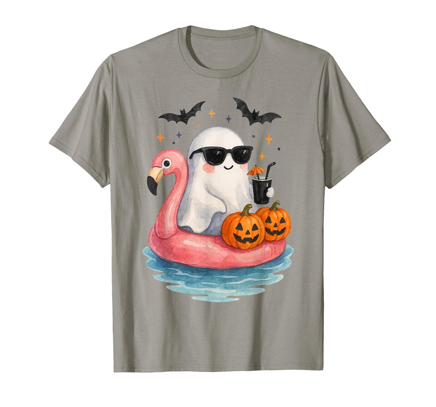 Summer Ghost Watercolor Cute Ghost With Flamingo Float Beach T-Shirt