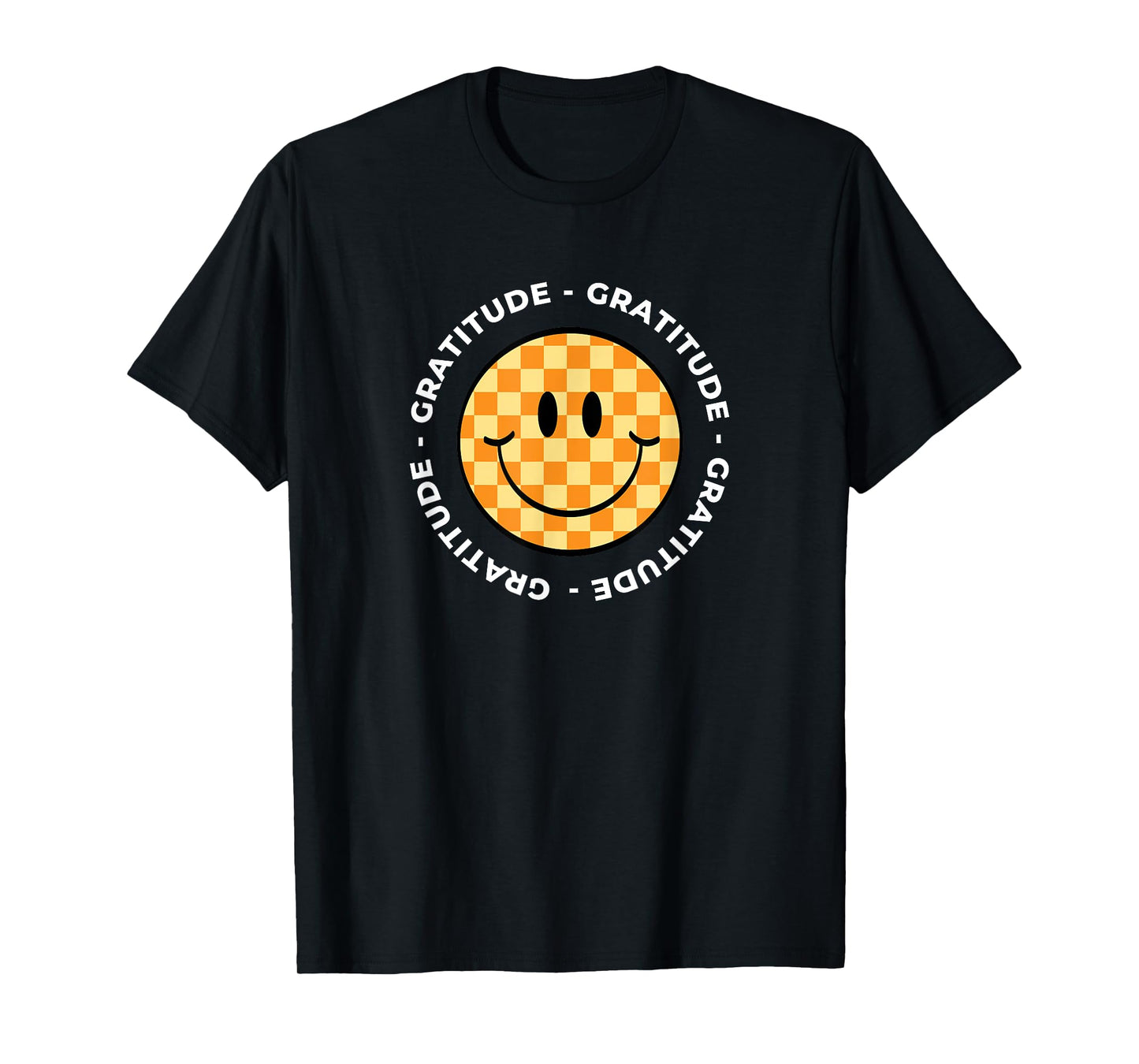 MATTER OF VIBES Gratitude Retro Groovy Unisex-Adults & Unisex-Kids T-Shirt Black Small Short Sleeve Checkered Retro T-Shirt