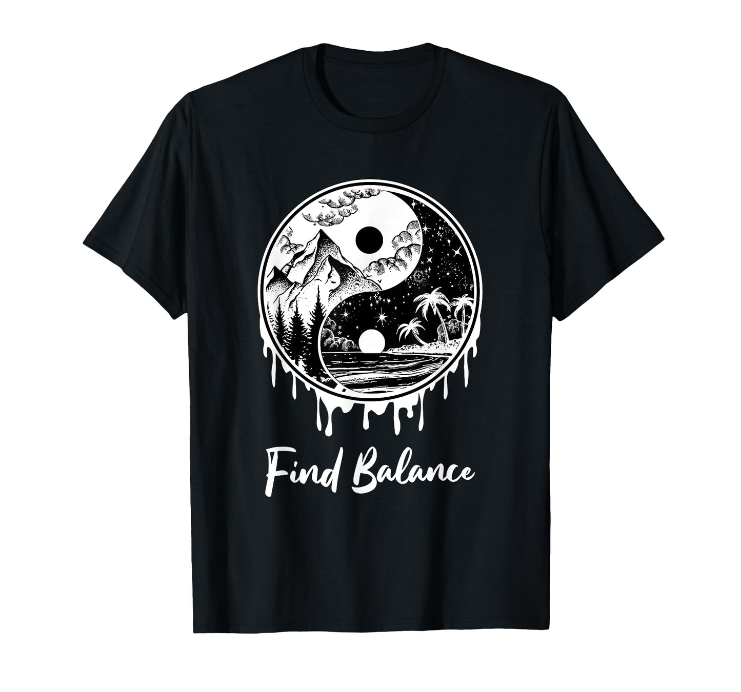 Yin Yang Find Balance Symbol Nature Night Day Mountain Beach Men Women T-Shirt