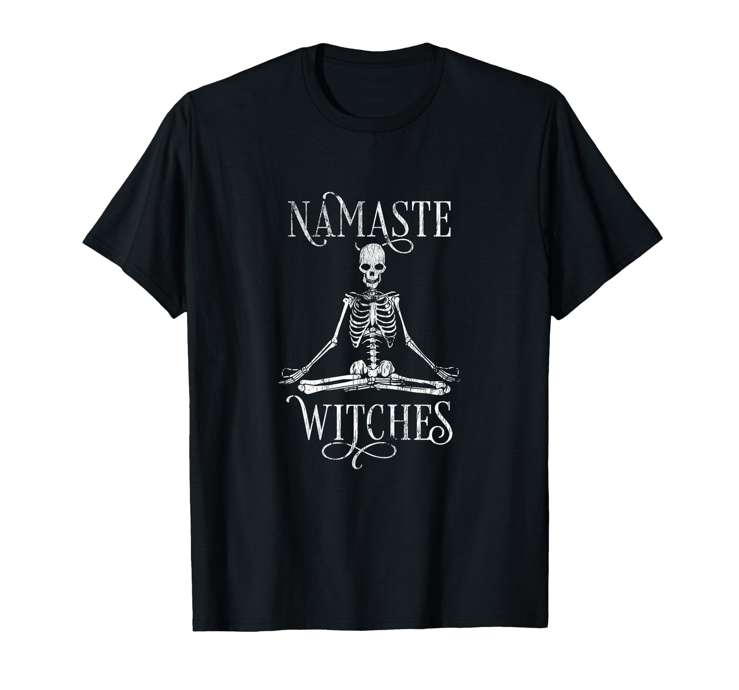 Womens Distressed Halloween Yoga Skeleton Namaste Witches T-Shirt