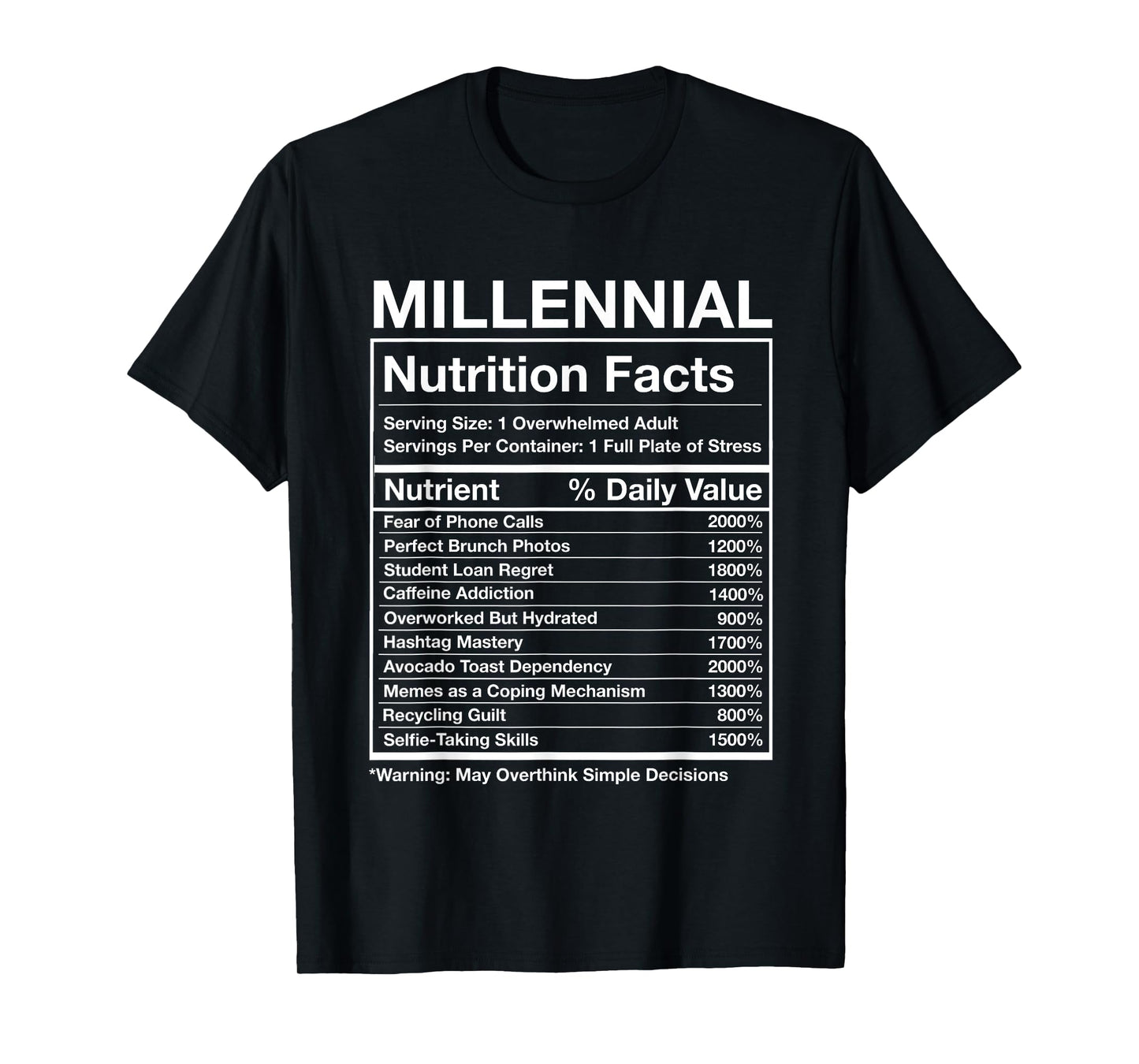 Millennial Nutrition Facts - Funny Generation Meme T-Shirt