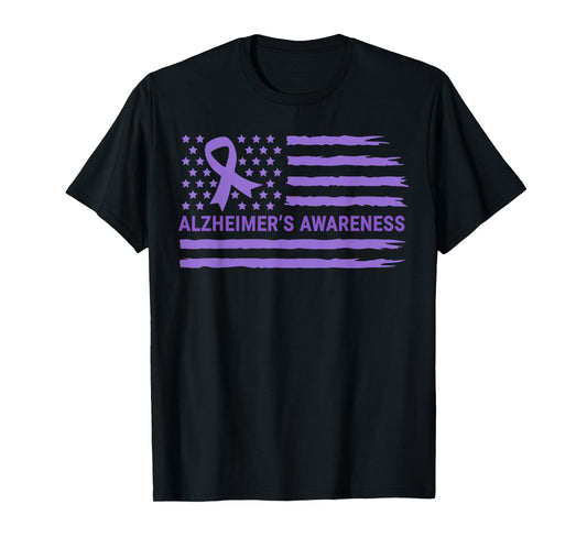 Alzheimer's Awareness Purple Ribbon American Flag Dementia T-Shirt