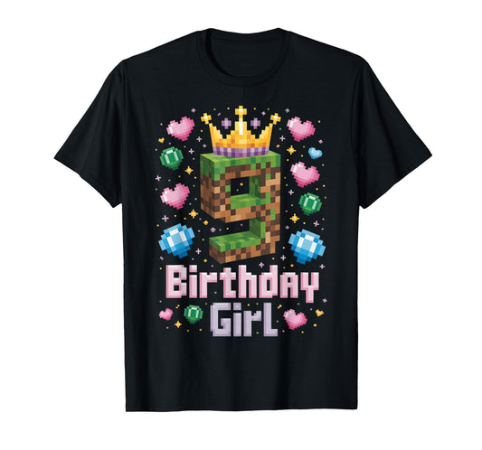 9th Birthday Girl Shirt Gaming Pixel Number Party 9 Year Old T-Shirt