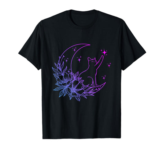Cat Sitting On Crescent Moon Flowers Stars Women Girls Kids T-Shirt