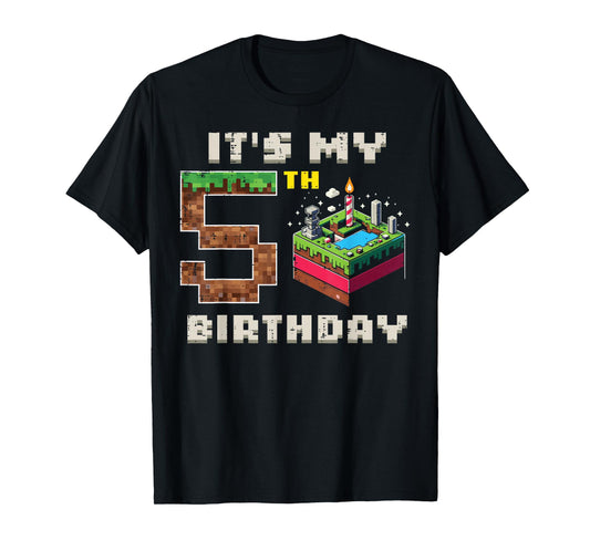My 5th Birthday Pixel Game 5 Cake Video Gamer Boys Kid Youth T-Shirt