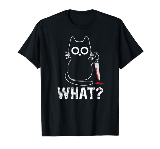 Tech-Tees Cats What? - Funny Cat With Knife Graphic Design T-Shirt, Small, Black
