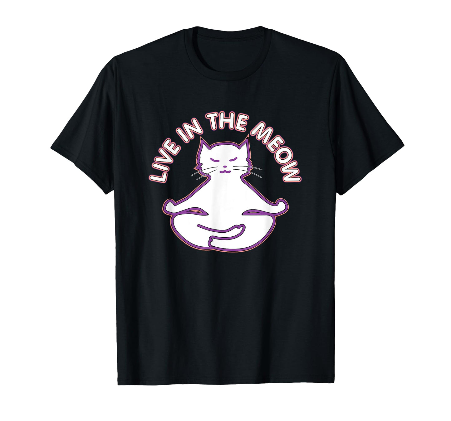 Yoga Teacher Gifts LAD Graphics Yoga Cat 'Live In The Meow' Yogi Kitty Meditation Black Women's Unisex Classic Fit Short Sleeve T-Shirt