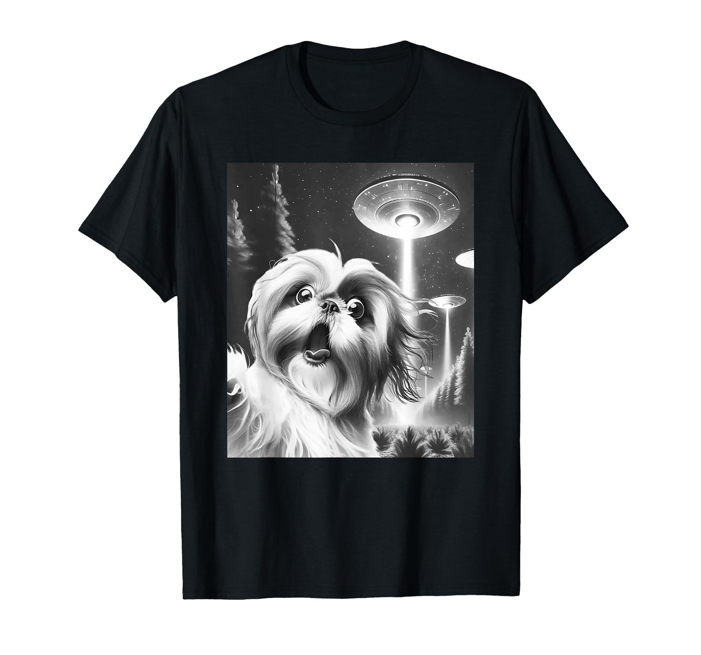 Funny Shih Tzu Alien UFO Taking a Selfie Dog Mom Dad Men Women Girls Kids T-Shirt