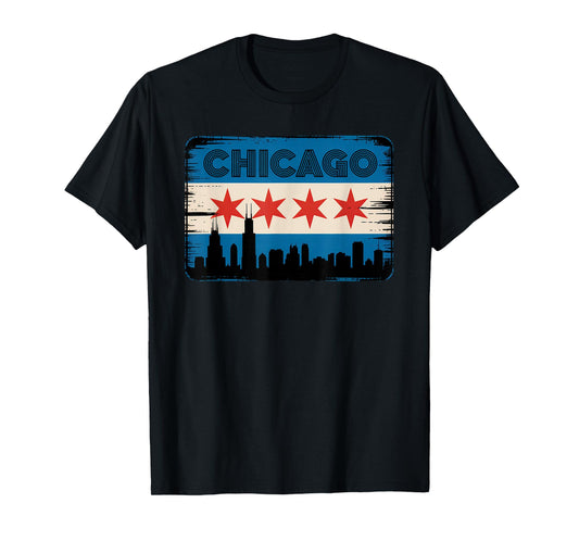 Chicago Skyline Flag Distressed Vintage Design T-Shirt