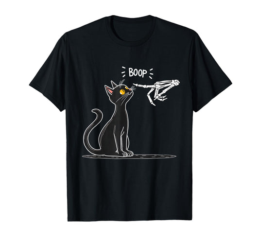 Black Cat Skeleton Hand Boop Halloween T-Shirt