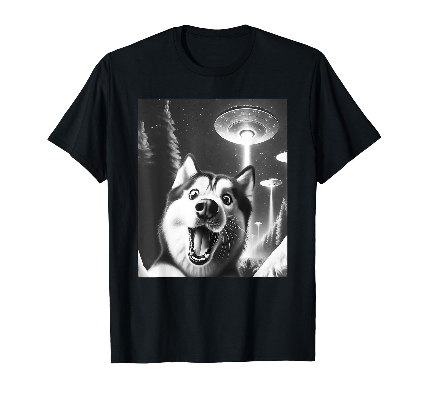 Funny Siberian Husky Alien UFO Taking a Selfie Dog Mom Dad T-Shirt
