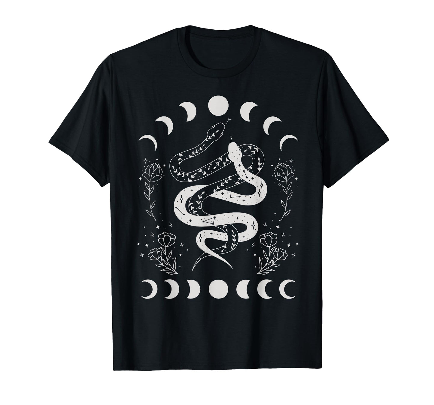 Snake And Moon Phases Celestial Floral Witchy Halloween T-Shirt