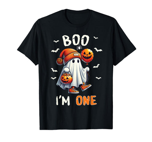 Boo I'm One Ghost 1st Birthday Halloween Boy Kids Groovy T-Shirt