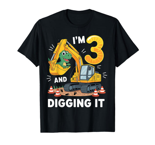 Three 3yr 3rd Birthday Construction Dinosaur Boy 3 Years Old T-Shirt