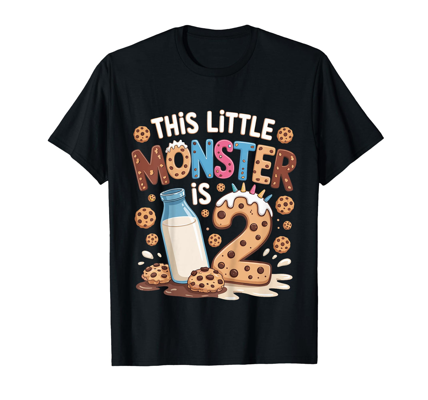Kids This Little Monster Is 2 Birthday Milk 2nd Bday Boy Girl T-Shirt