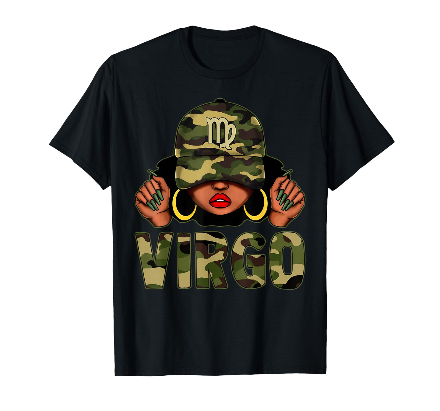 Virgo Queen Black Woman With Cap Camo Afro Girl Zodiac T-Shirt