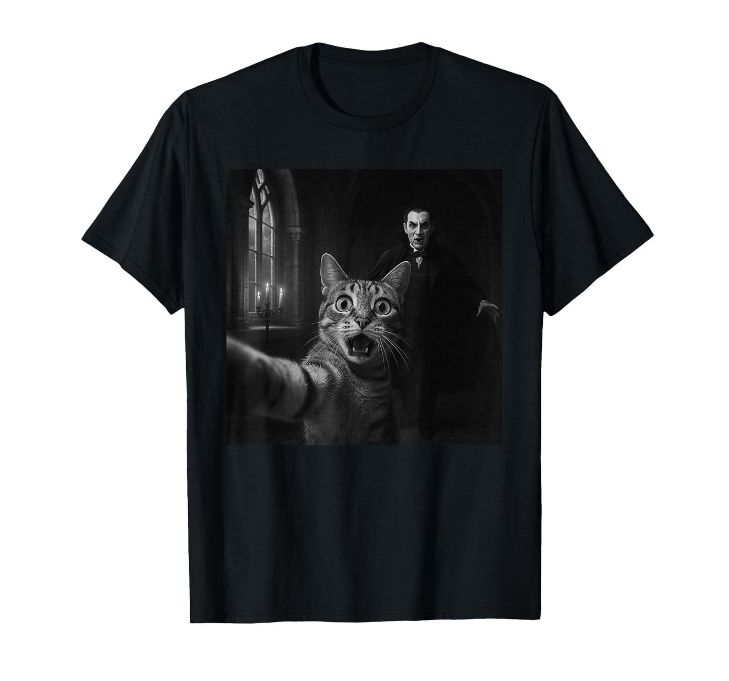 Funny Halloween Surprised Scared Cat Selfie Dracula Vampire T-Shirt