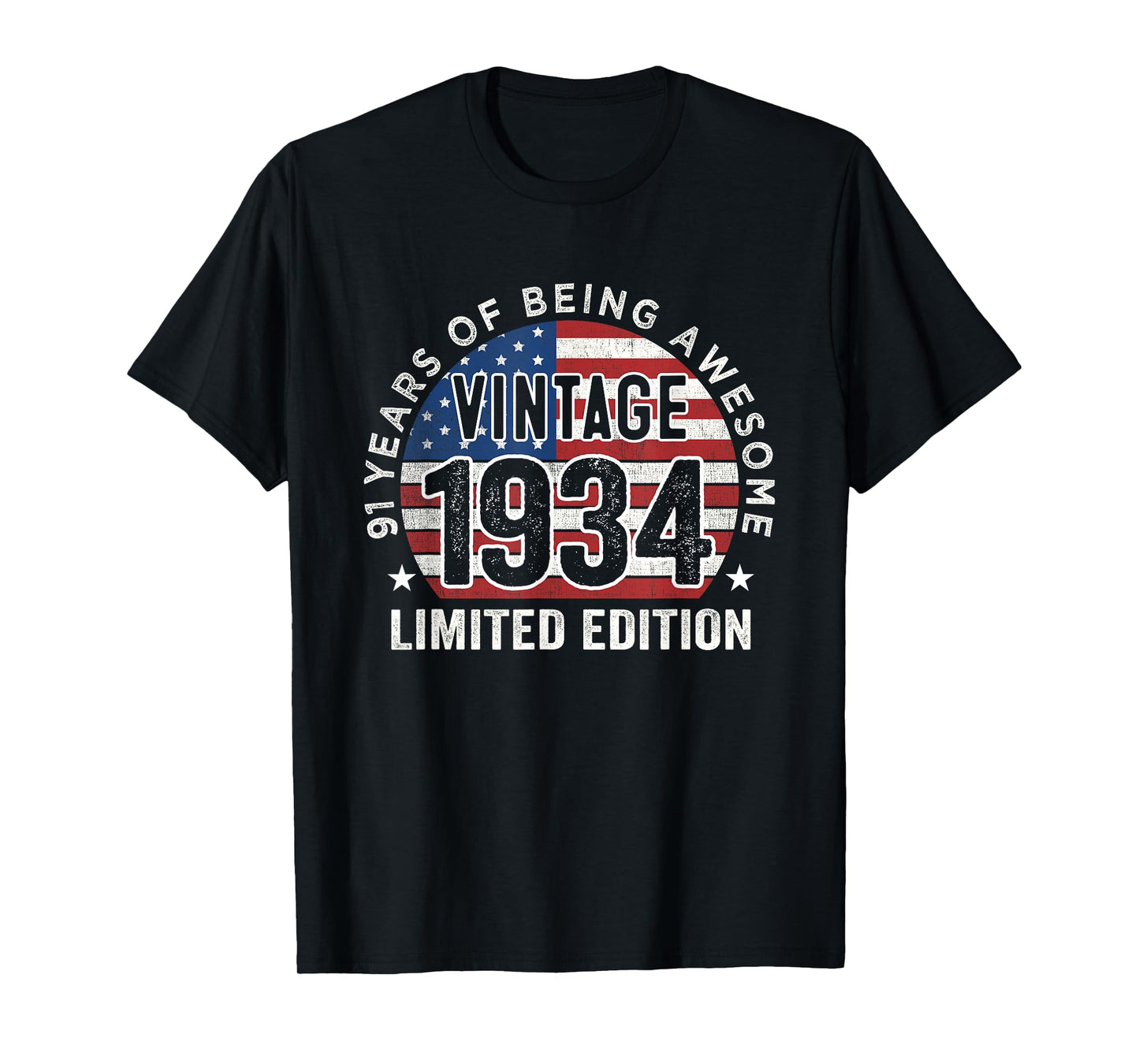 91st Birthday Gifts Men Vintage 1934 91 Years Old USA Flag T-Shirt