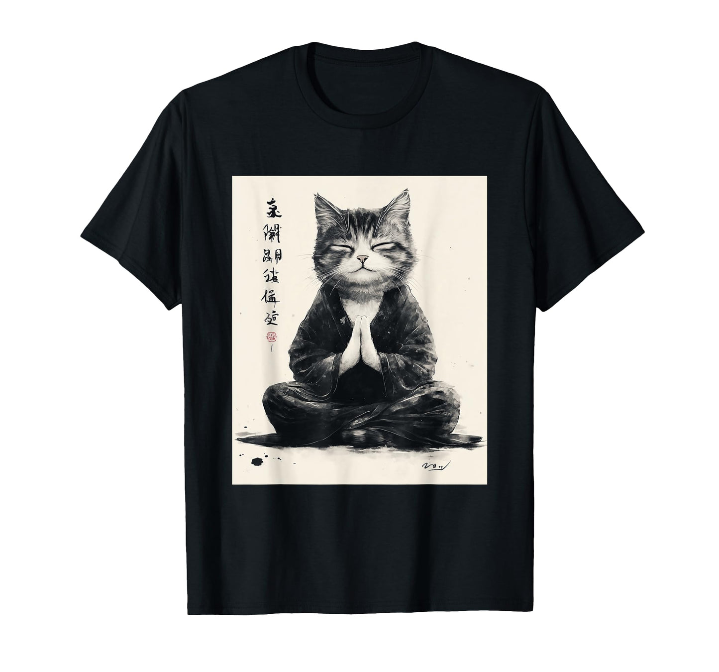 Zen Cat T-Shirt - Meditating Japanese Art Style Graphic Tee T-Shirt for Men Women Kids