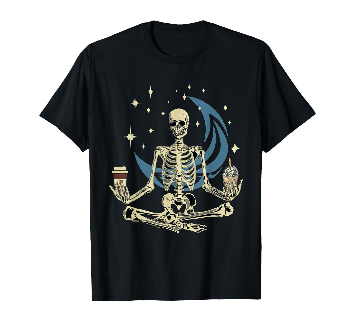 Skeleton Doing Yoga And Drinking Coffee Funny Meditation T-Shirt