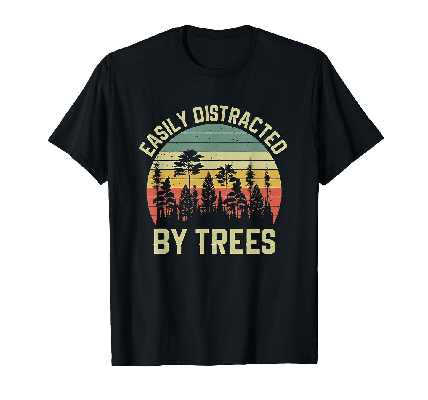 Wekon Easily Distracted By Trees Vintage Funny Tree T-Shirt - Unisex - Black - Small - Short Sleeve - Crew Neck - Retro Tree Print