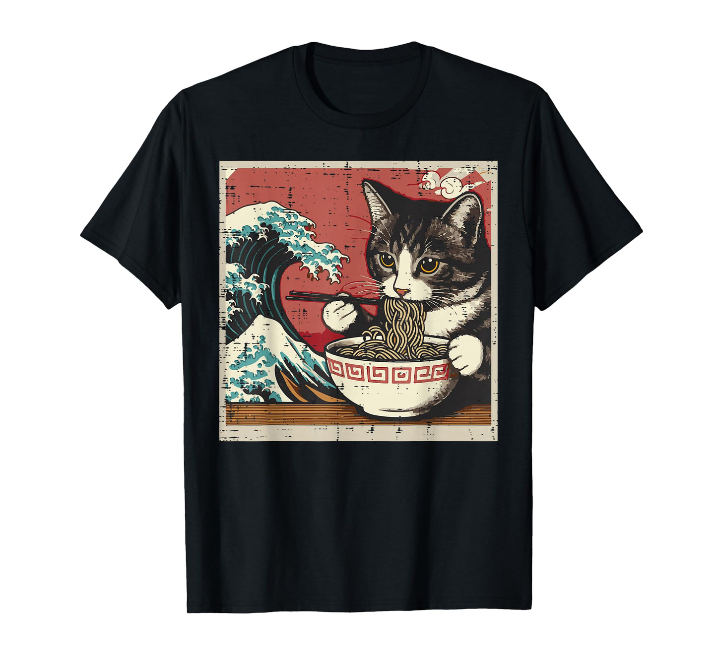 Cat Eating Ramen Great Wave Japanese Food Art Women Men Kids T-Shirt