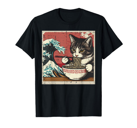 Cat Eating Ramen Great Wave Japanese Food Art Women Men Kids T-Shirt