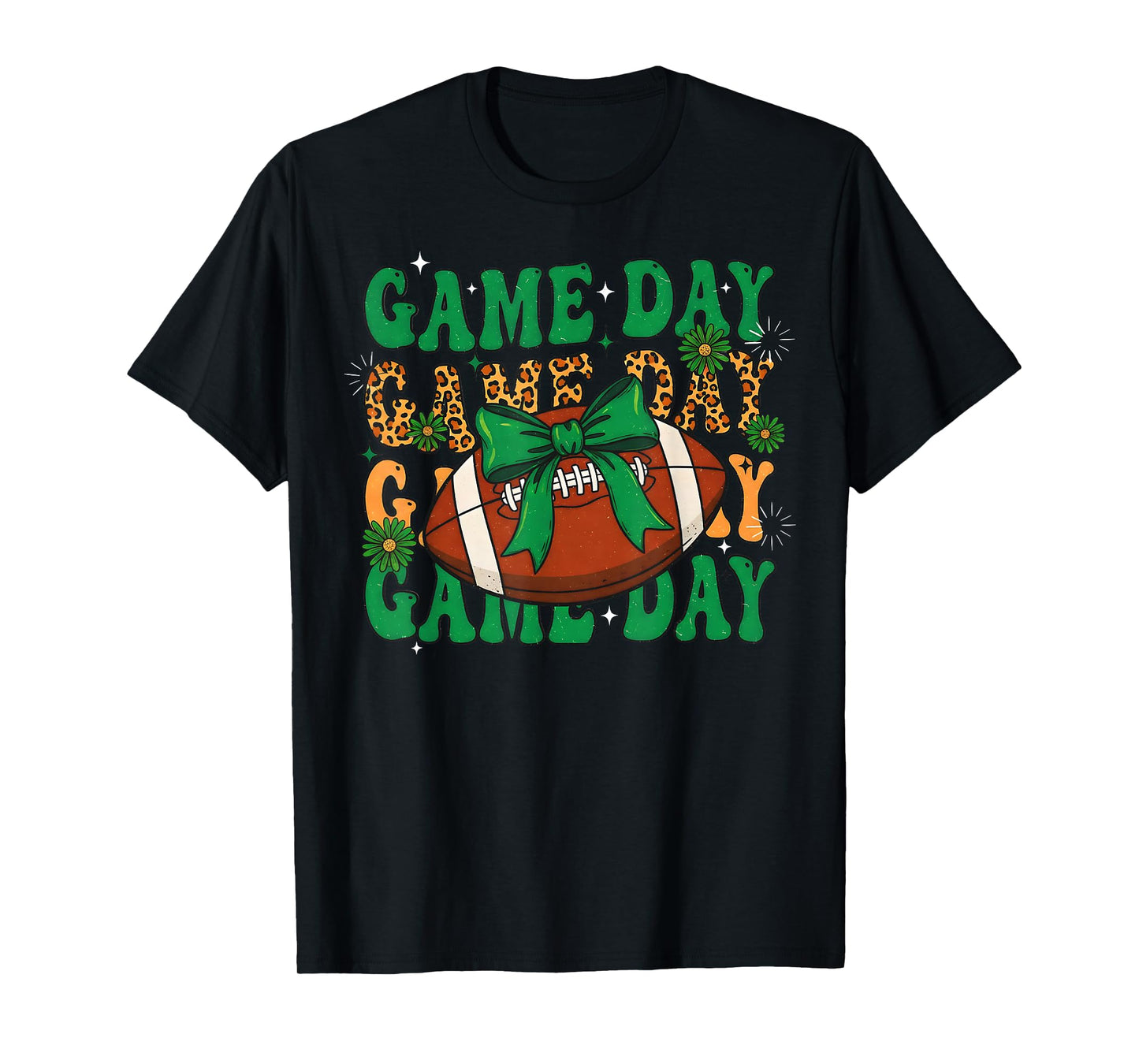 Green Leopard Game Day Football Bow Touchdown Season T-Shirt
