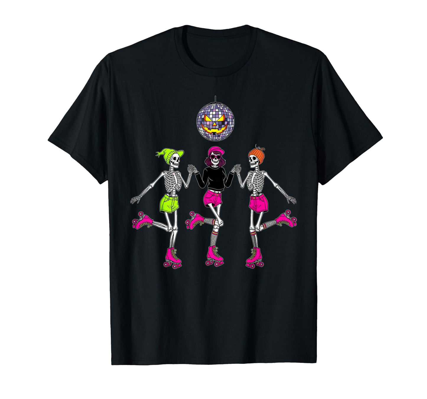 Dancing Skeletons Roller Skates Spooky Disco Ball Halloween T-Shirt