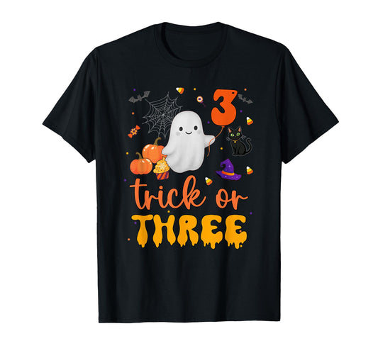 Trick or Three Ghost Pumpkins Cat Halloween 3rd Birthday Boy T-Shirt