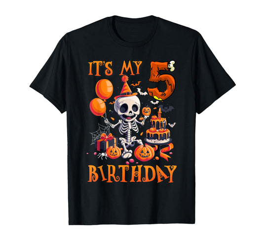 Kids Boo It's My 5th Birthday Halloween Skeleton 5 Years Old T-Shirt