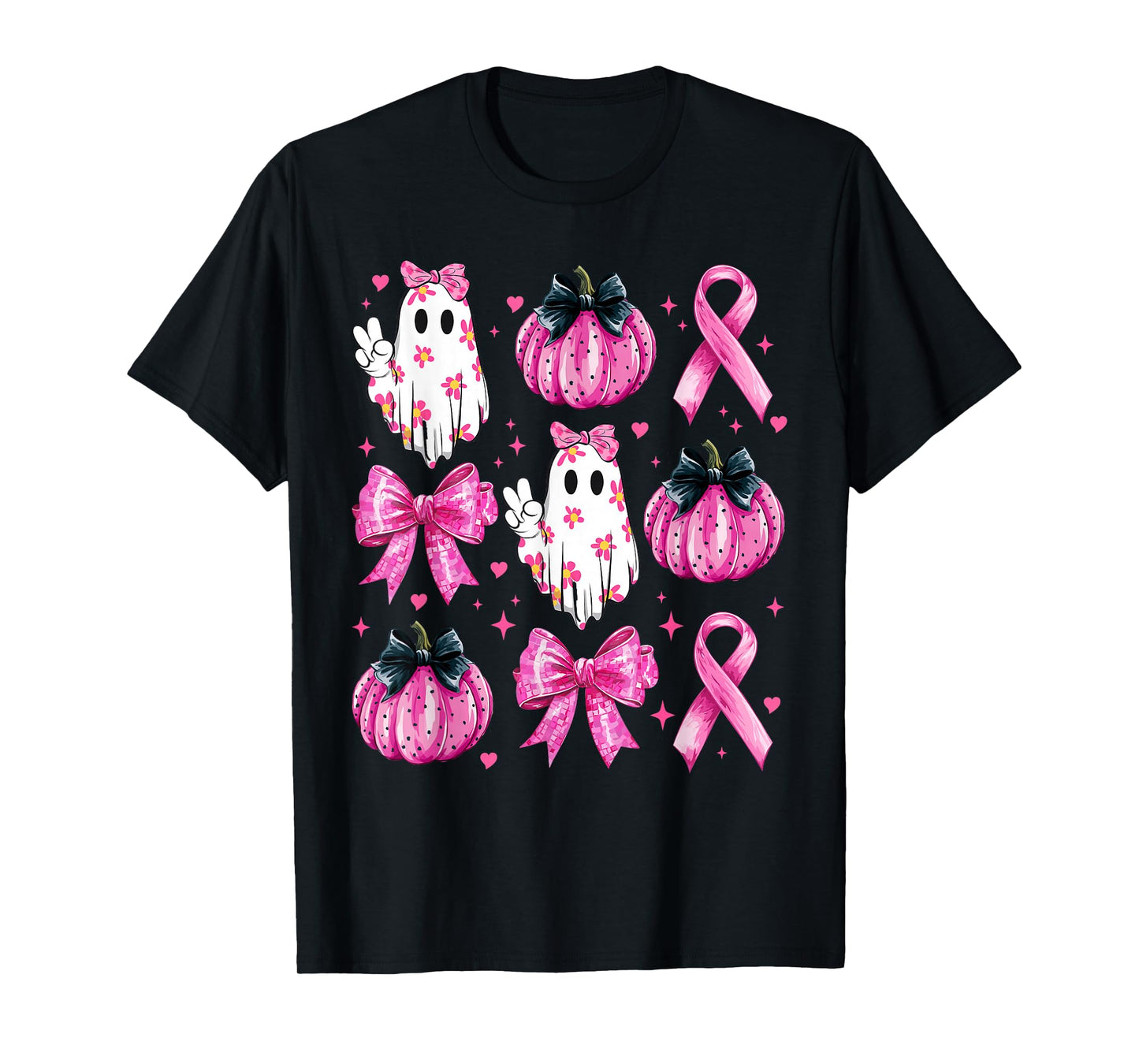 Retro Groovy Breast Cancer Ghost Coquette Halloween Pink Tee T-Shirt