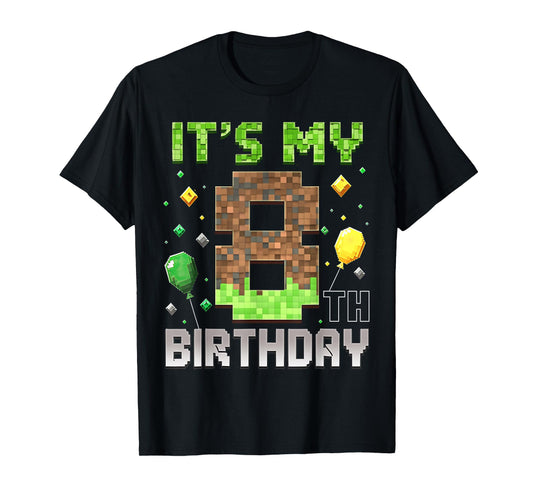 Kids 8th Birthday Gamer Pixel 8 Years Old Video Game Party T-Shirt