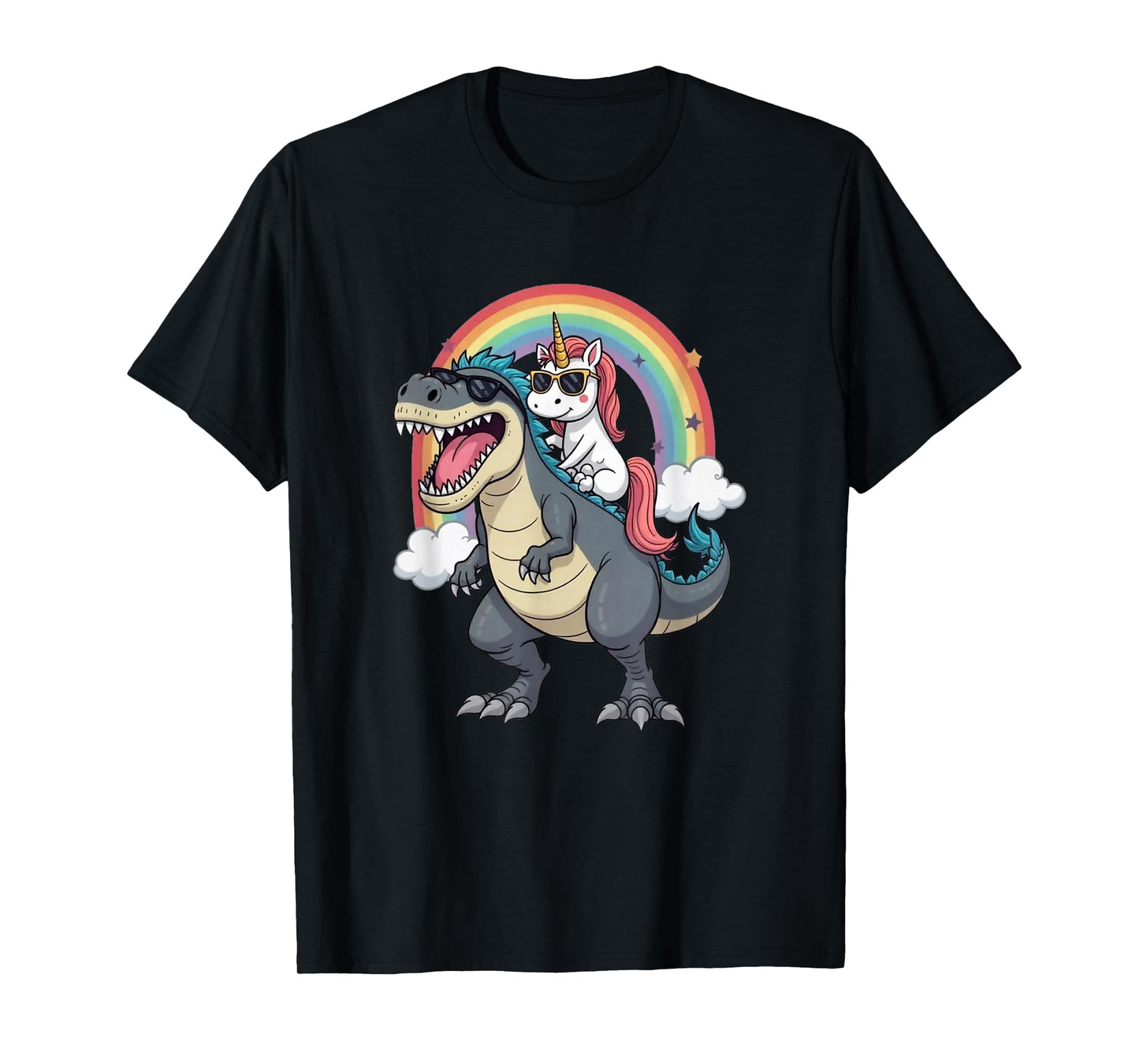 Unicorn Riding T-Rex Dinosaur Rainbow Boys Girls Men Women T-Shirt