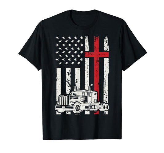 Semi Truck American Flag Christian Truck Driver Patriotic T-Shirt