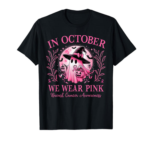 In October We Wear Pink Ghost Witch Breast Cancer Halloween T-Shirt